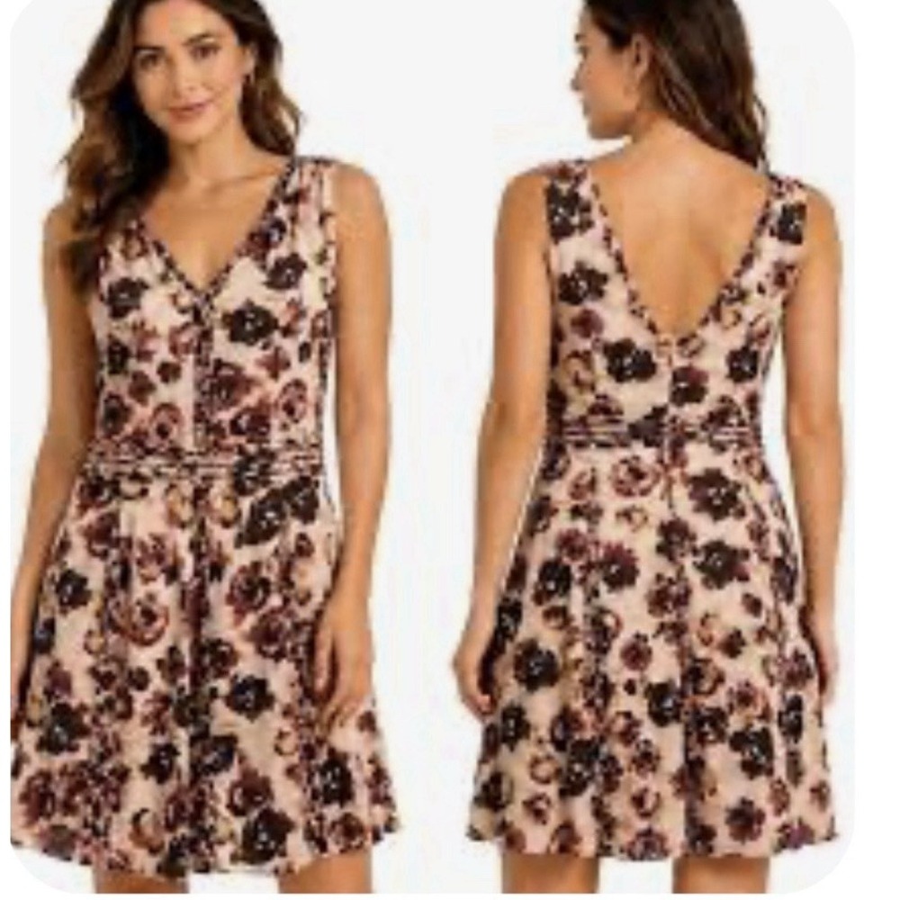 Simply Vera Wang Chiffon Floral Dress Sz L Pink Brown Pleated Trim Prairie City